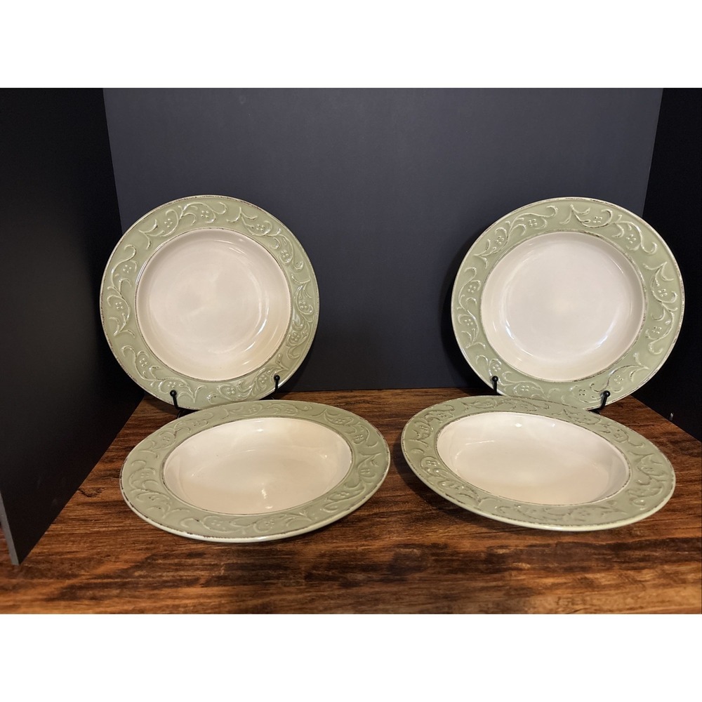 Set Of 4 Pier 1 Antique Floral Rimmed Bowls Soup Salad Pasta Bowls Green 9" EUC